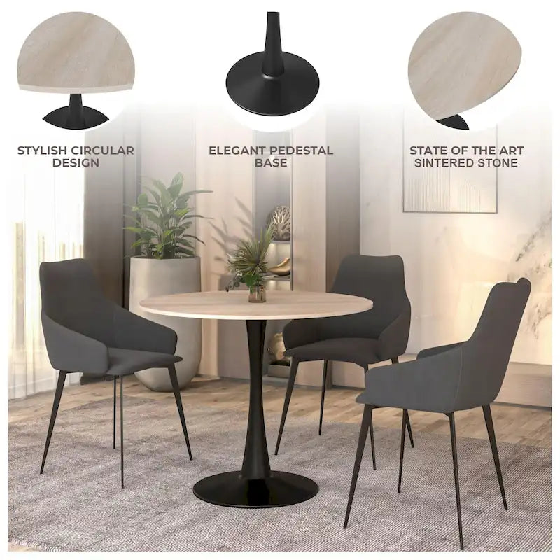 Table à manger ronde avec plateau en pierre frittée et piètement noir
