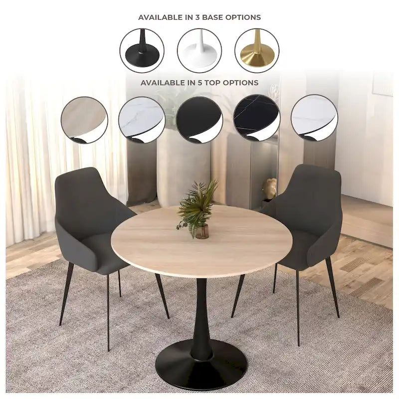 Table à manger ronde avec plateau en pierre frittée et piètement noir