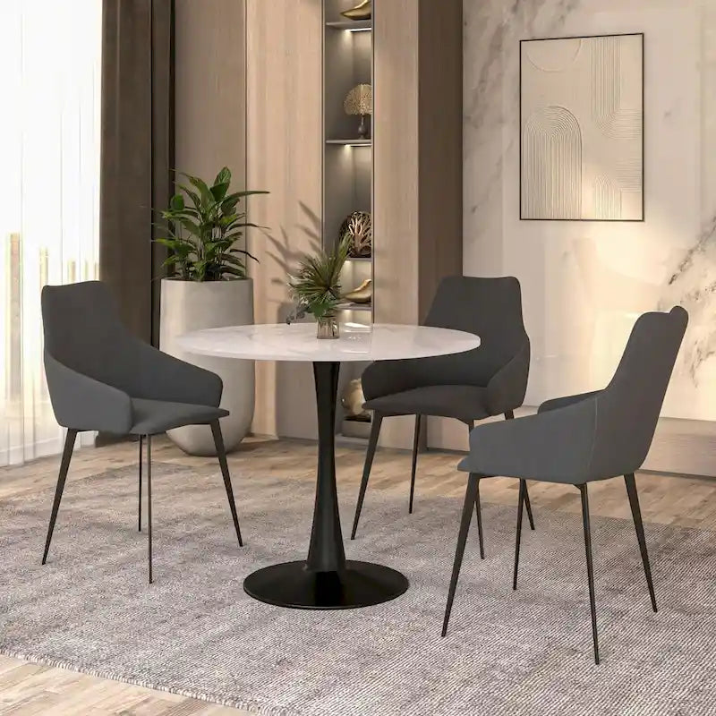 Table à manger ronde avec plateau en pierre frittée et piètement noir