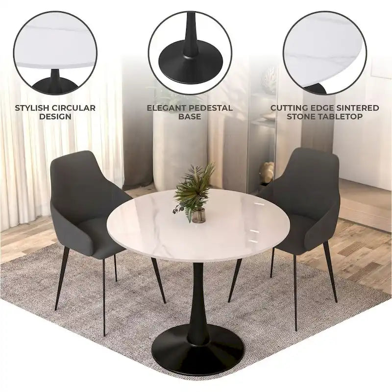 Table à manger ronde avec plateau en pierre frittée et piètement noir