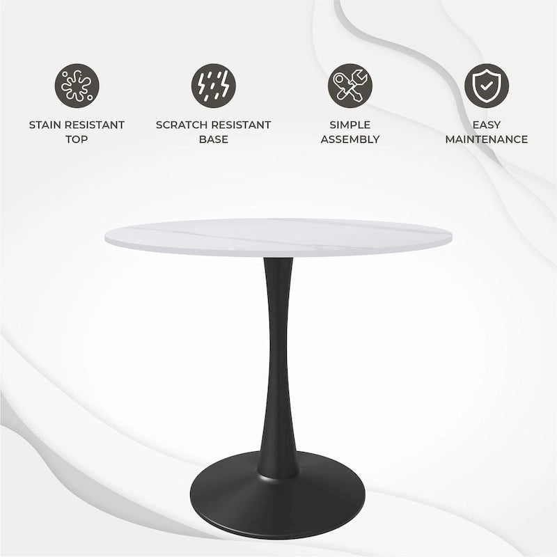 Table à manger ronde avec plateau en pierre frittée et piètement noir