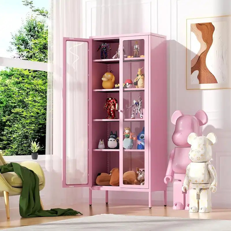 67 Armoire de présentation haute en verre avec portes en verre et 4 étagères réglables