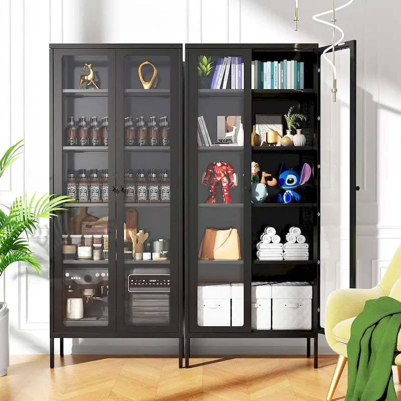 67 Armoire de présentation haute en verre avec portes en verre et 4 étagères réglables