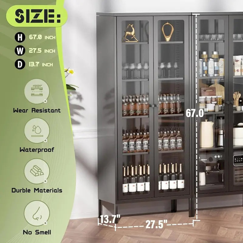 67 Armoire de présentation haute en verre avec portes en verre et 4 étagères réglables
