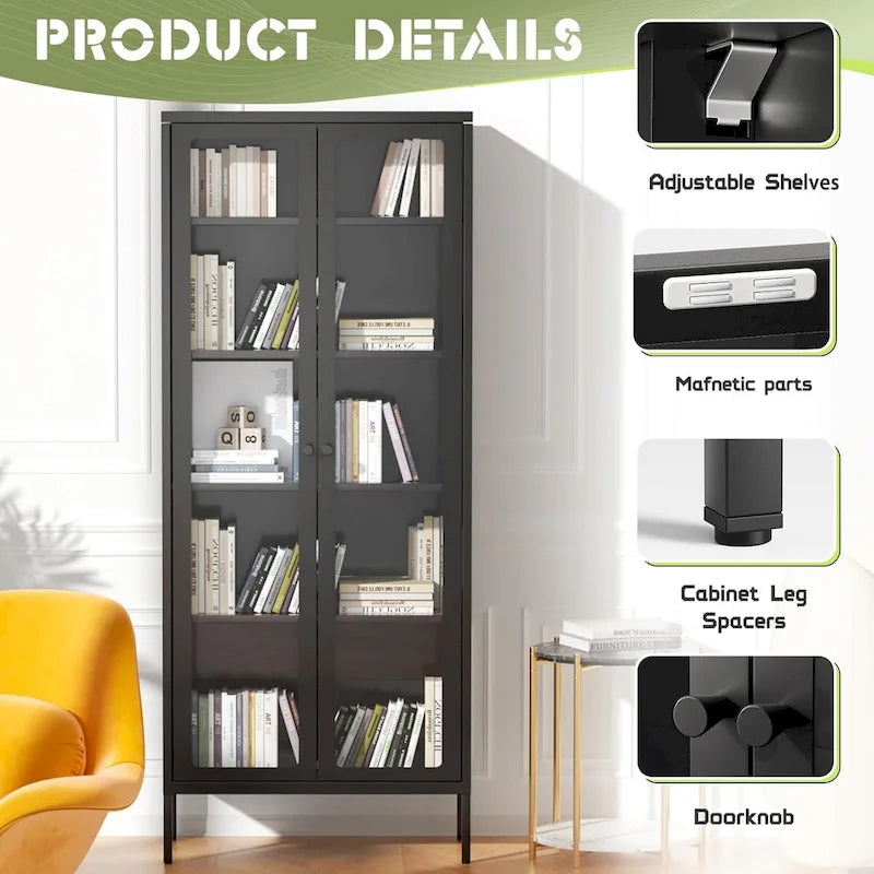 67 Armoire de présentation haute en verre avec portes en verre et 4 étagères réglables