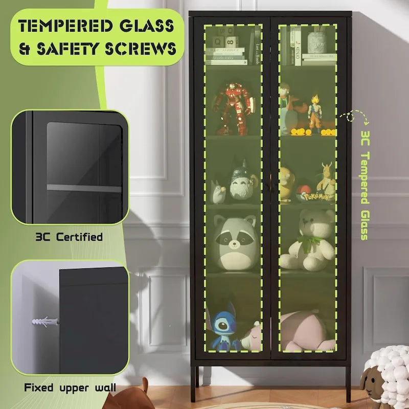 67 Armoire de présentation haute en verre avec portes en verre et 4 étagères réglables