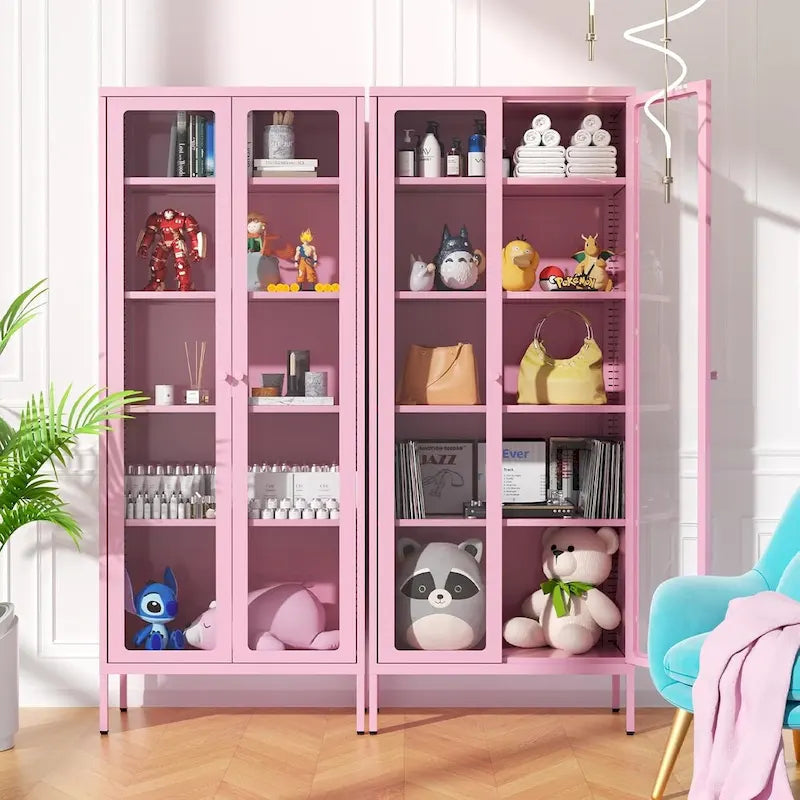 67 Armoire de présentation haute en verre avec portes en verre et 4 étagères réglables