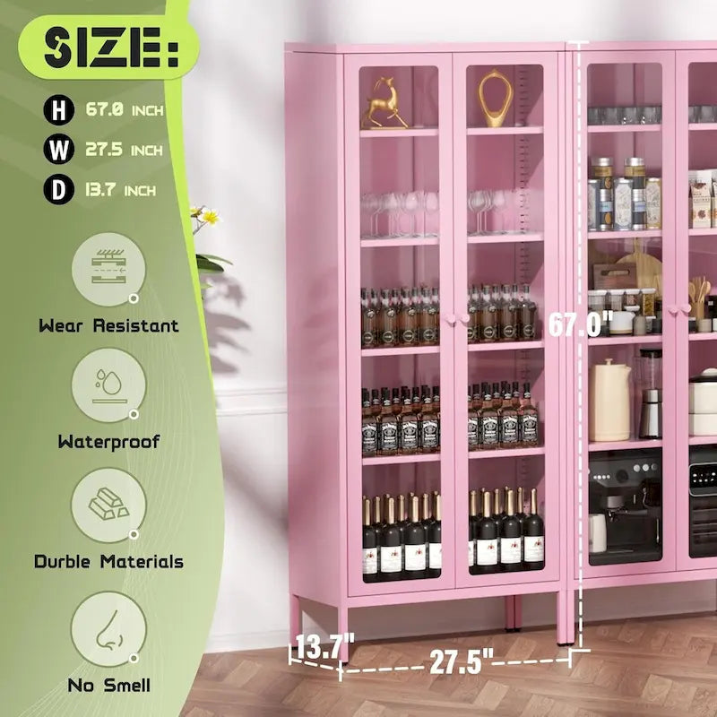 67 Armoire de présentation haute en verre avec portes en verre et 4 étagères réglables
