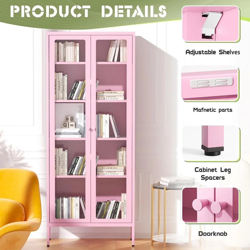 67 Armoire de présentation haute en verre avec portes en verre et 4 étagères réglables