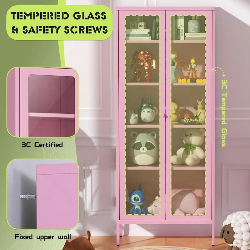 67 Armoire de présentation haute en verre avec portes en verre et 4 étagères réglables
