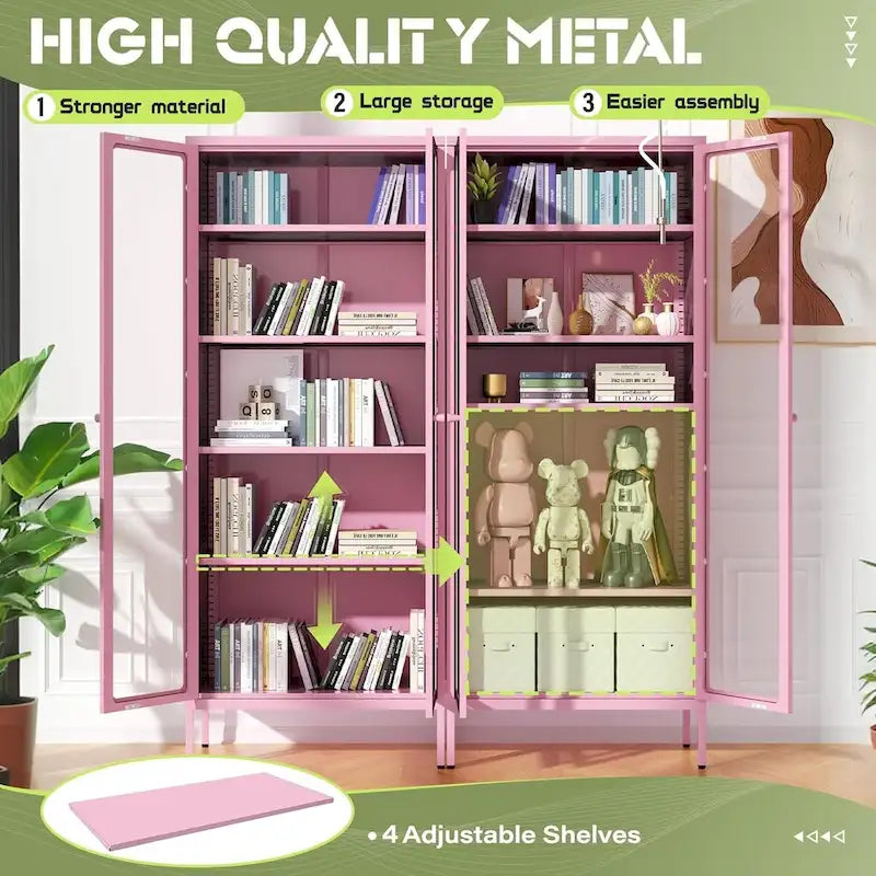67 Armoire de présentation haute en verre avec portes en verre et 4 étagères réglables