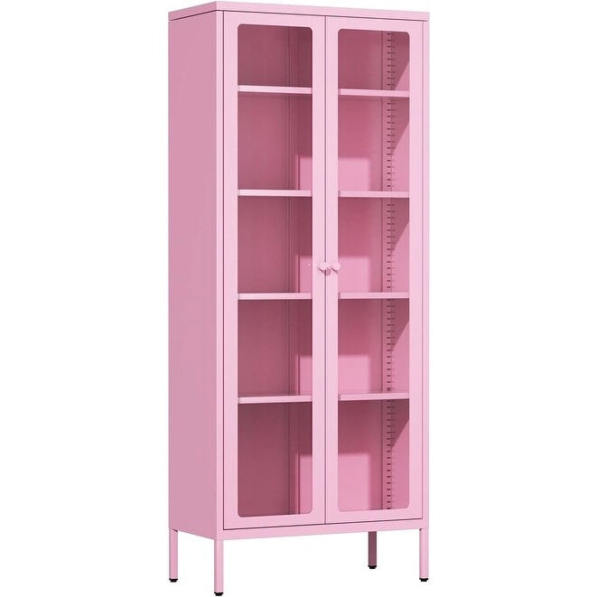 67 Armoire de présentation haute en verre avec portes en verre et 4 étagères réglables
