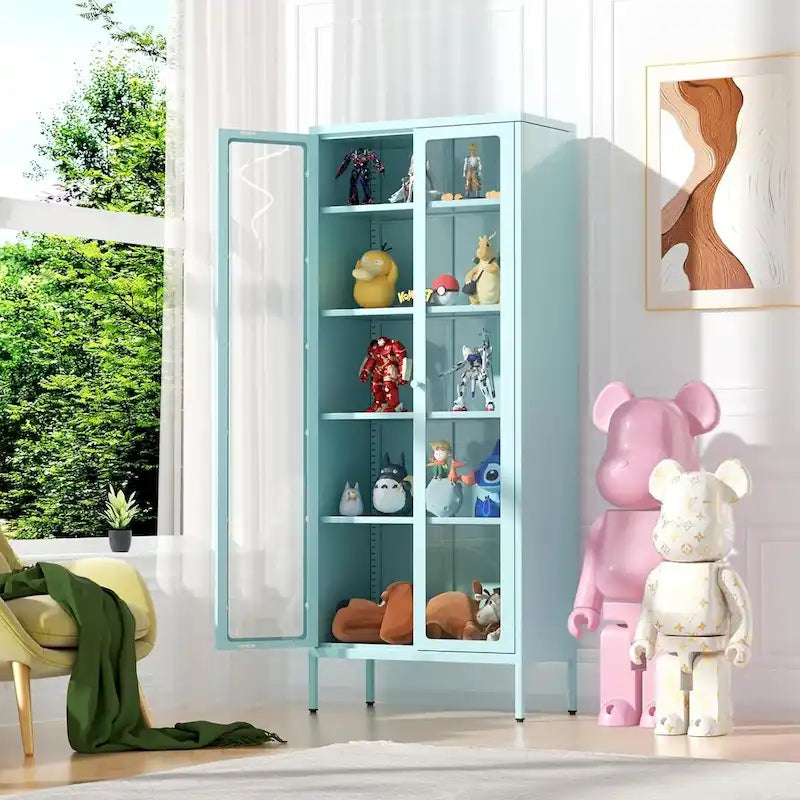 67 Armoire de présentation haute en verre avec portes en verre et 4 étagères réglables