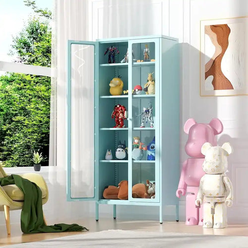 67 Armoire de présentation haute en verre avec portes en verre et 4 étagères réglables