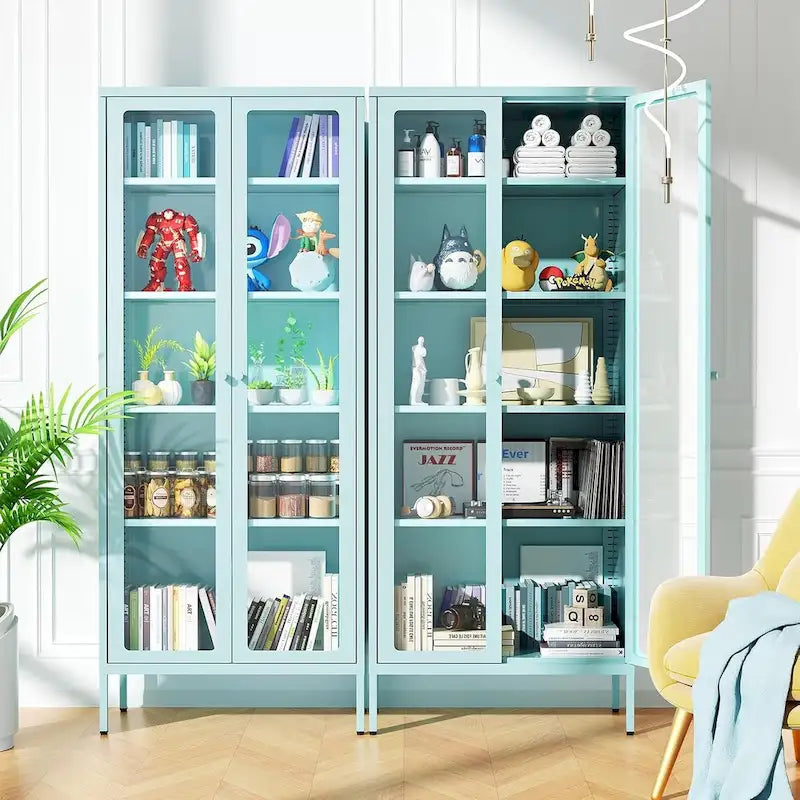 67 Armoire de présentation haute en verre avec portes en verre et 4 étagères réglables