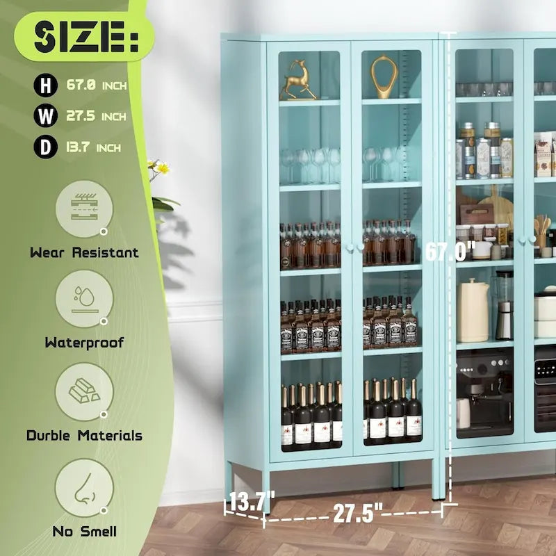 67 Armoire de présentation haute en verre avec portes en verre et 4 étagères réglables