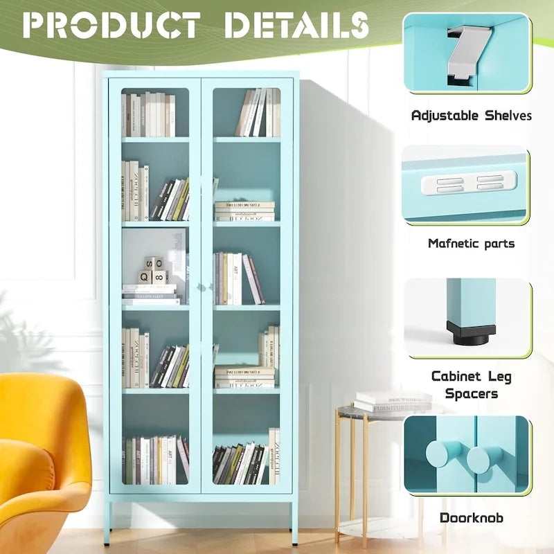 67 Armoire de présentation haute en verre avec portes en verre et 4 étagères réglables