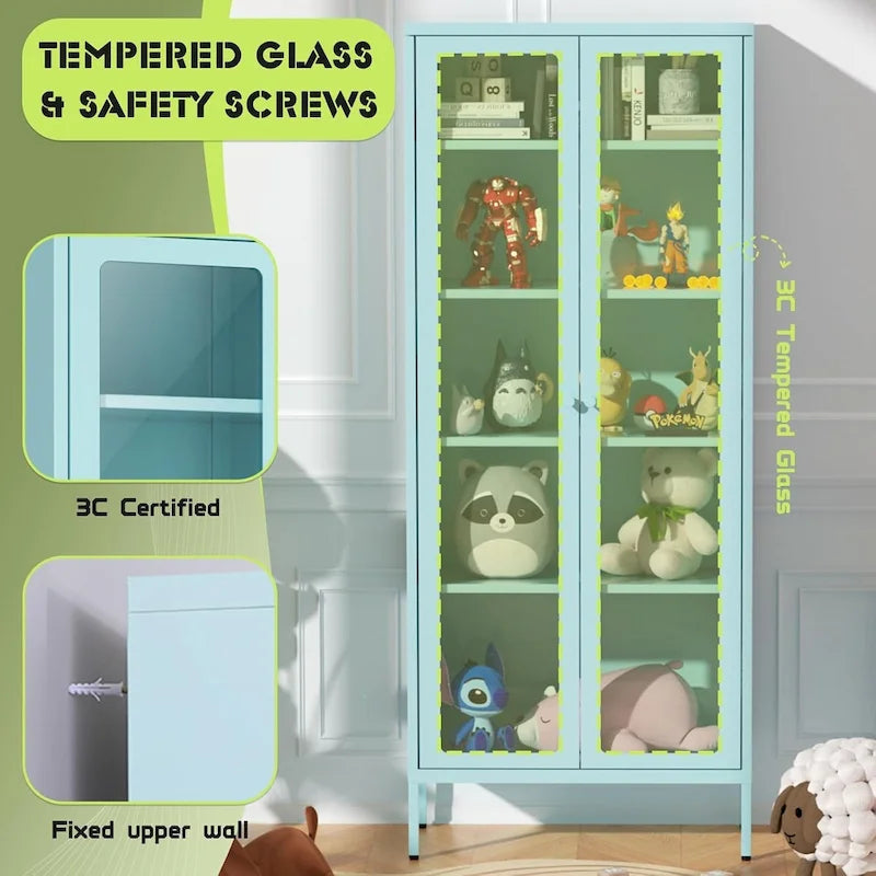 67 Armoire de présentation haute en verre avec portes en verre et 4 étagères réglables