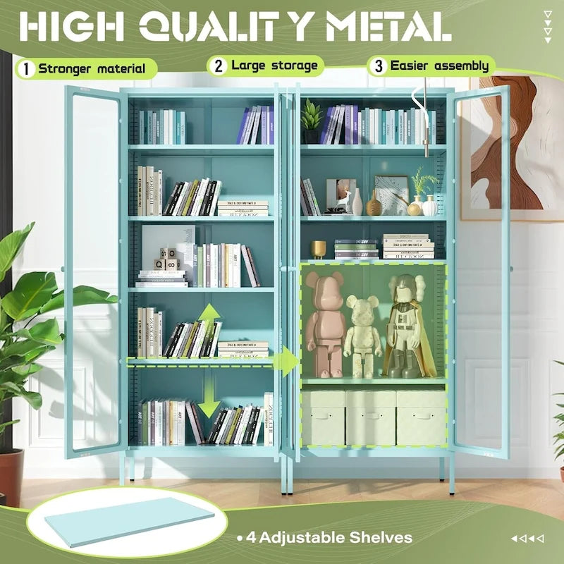67 Armoire de présentation haute en verre avec portes en verre et 4 étagères réglables