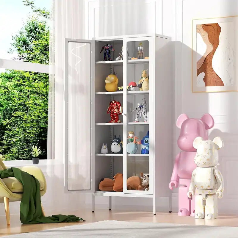 67 Armoire de présentation haute en verre avec portes en verre et 4 étagères réglables