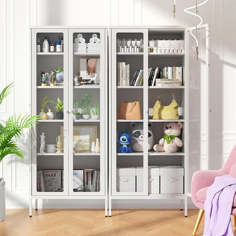 67 Armoire de présentation haute en verre avec portes en verre et 4 étagères réglables