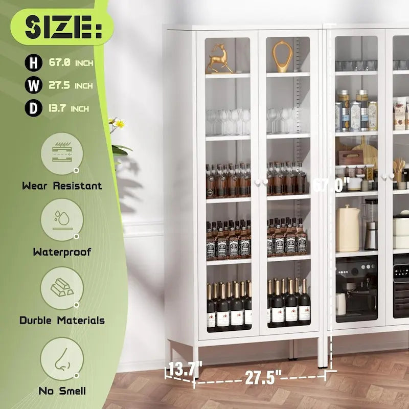 67 Armoire de présentation haute en verre avec portes en verre et 4 étagères réglables