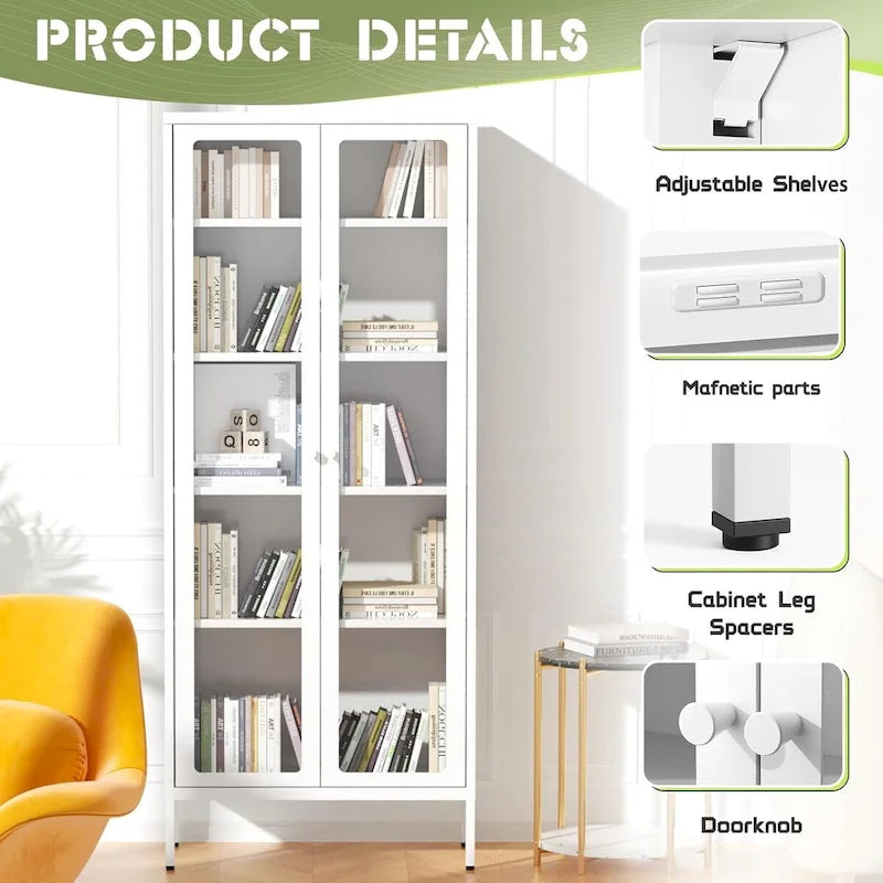 67 Armoire de présentation haute en verre avec portes en verre et 4 étagères réglables