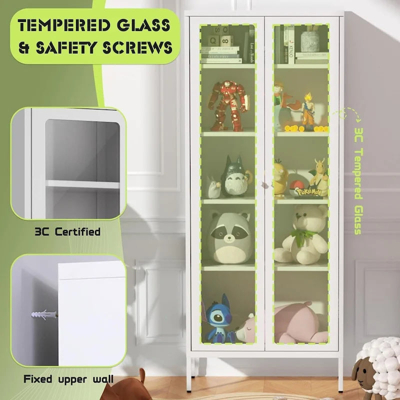 67 Armoire de présentation haute en verre avec portes en verre et 4 étagères réglables