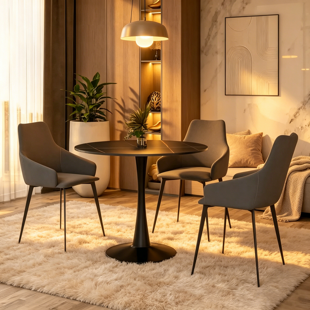 Table à manger ronde avec plateau en pierre frittée et piètement noir