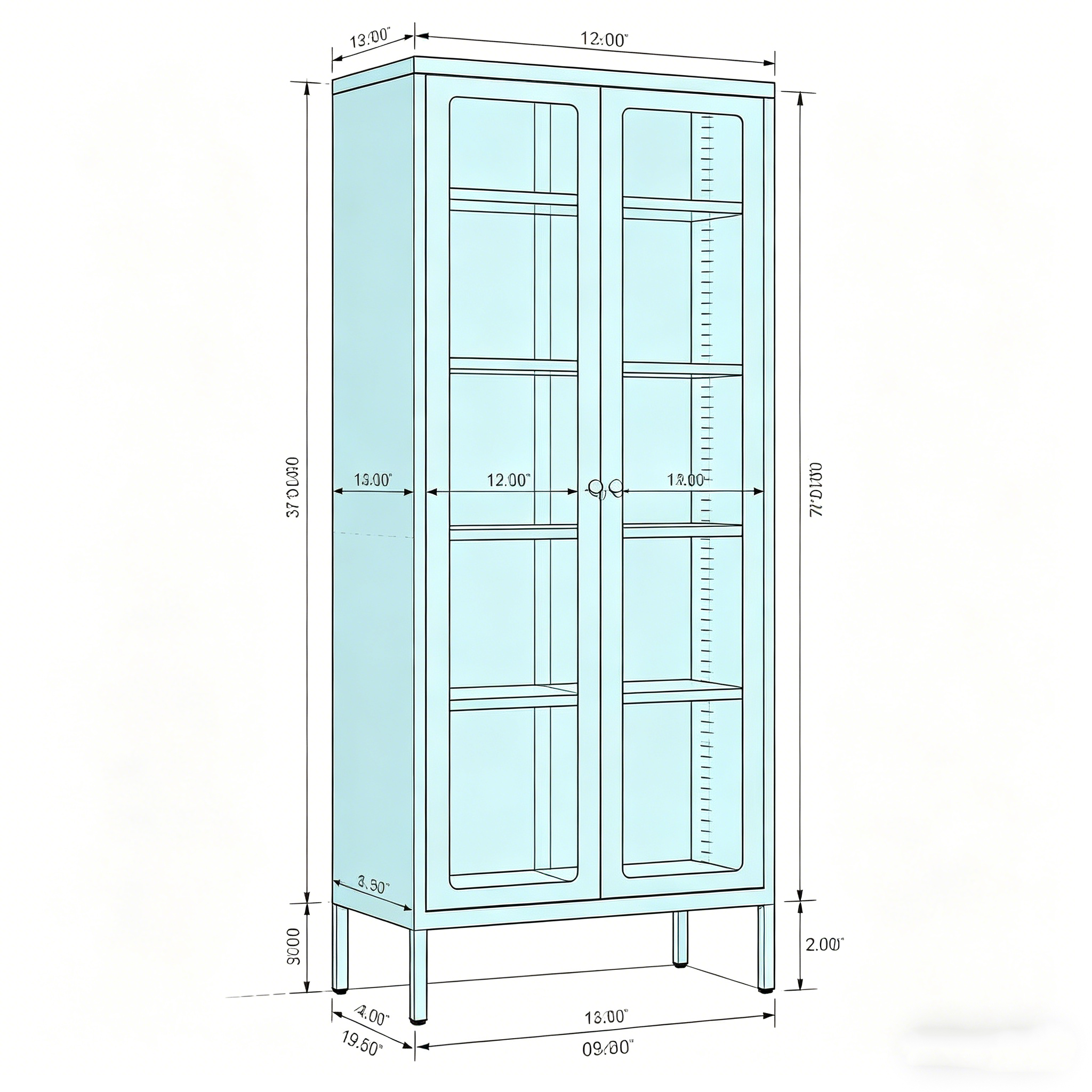 67 Armoire de présentation haute en verre avec portes en verre et 4 étagères réglables