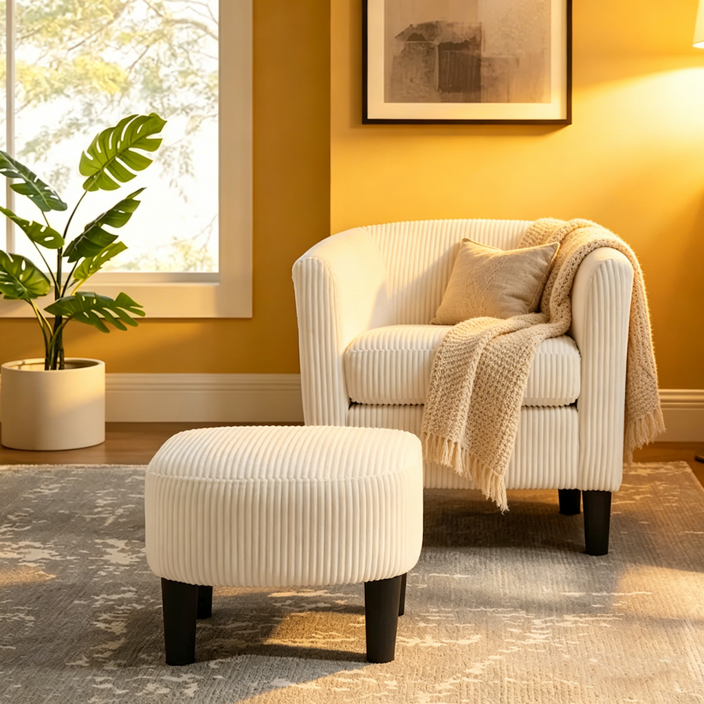 Fauteuil individuel en velours côtelé avec repose-pieds ottoman