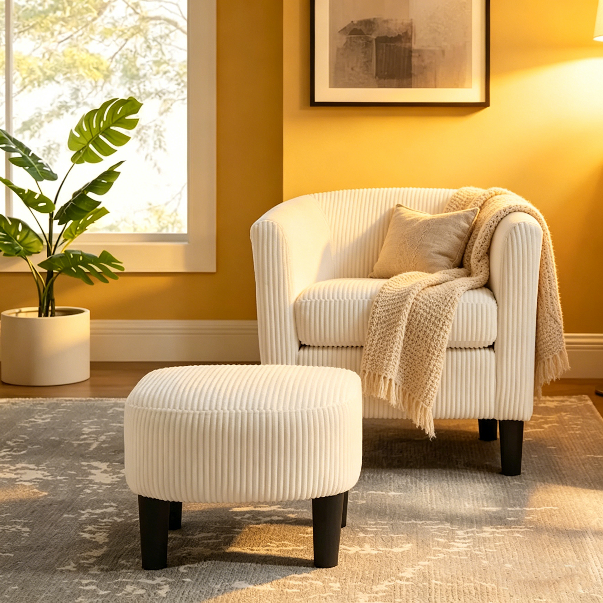 Fauteuil individuel en velours côtelé avec repose-pieds ottoman