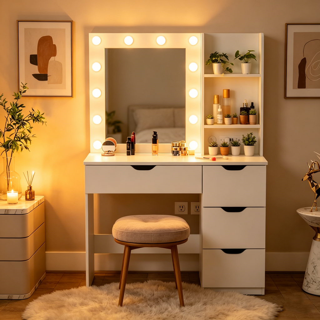 Coiffeuse Blanche avec Miroir et Lumières - 15,2 P x 35,4 L x 55,1 H
