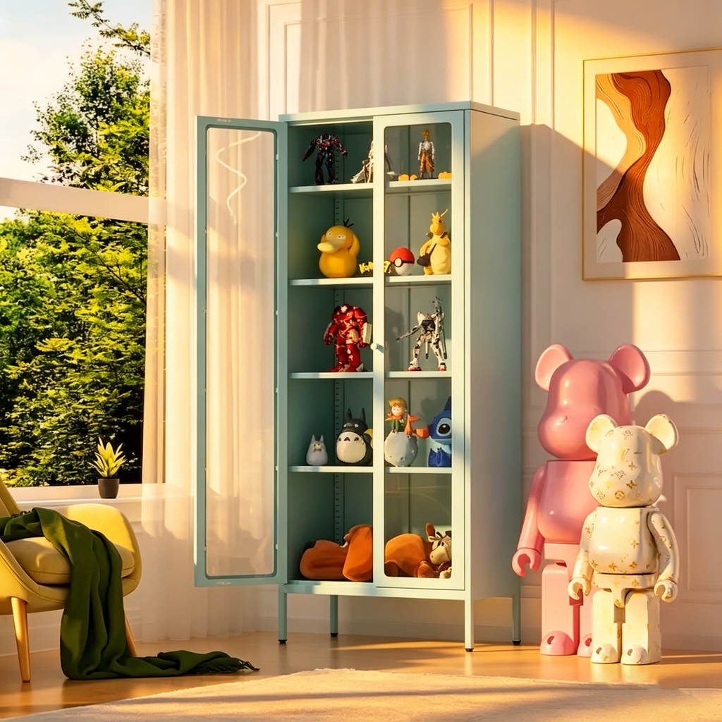 67 Armoire de présentation haute en verre avec portes en verre et 4 étagères réglables