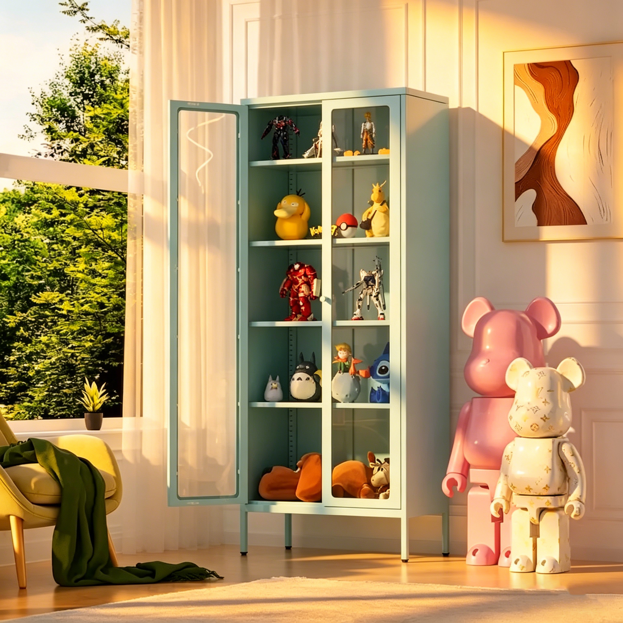 67 Armoire de présentation haute en verre avec portes en verre et 4 étagères réglables